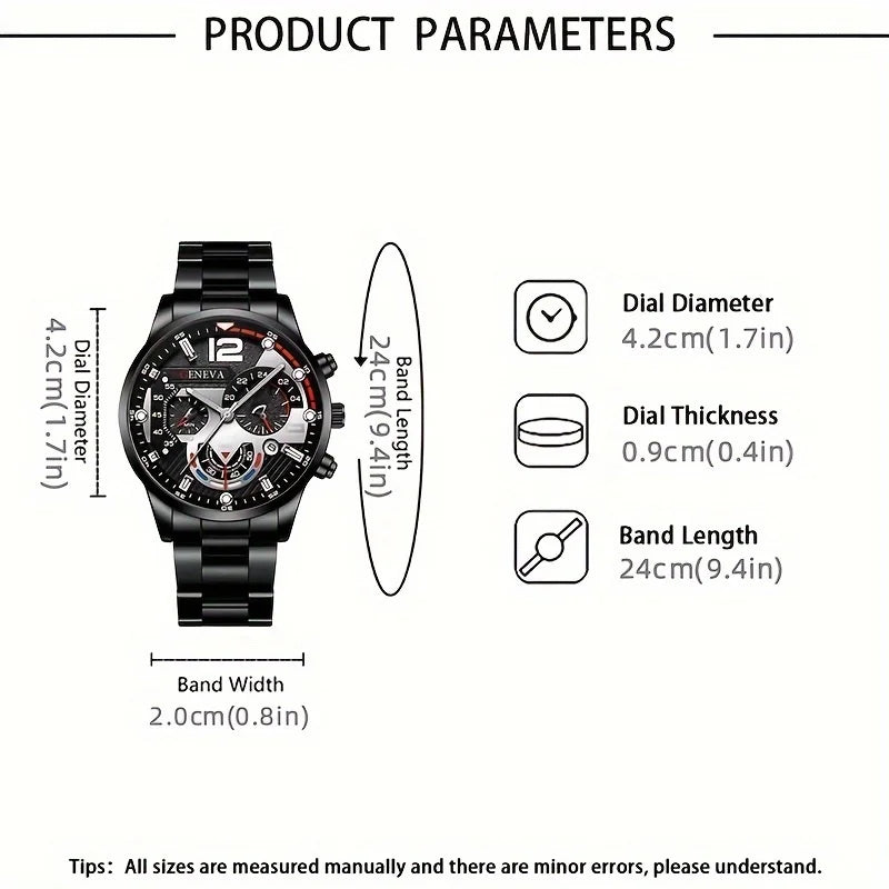 3pcs/set, Fashion Men's Business Quartz Watch & Casual Wing Bracelet & Hexagonal Pendant Necklace Qme