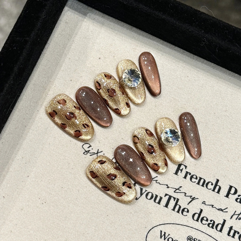 Handmade Press Nails Mid-oval Caramel Cat Eye Shiny Leopard Print Qme GJ-CDJ-ZB120-M