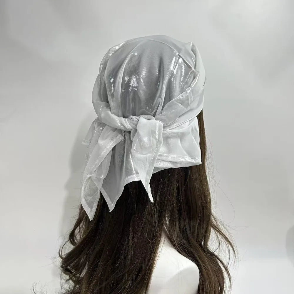 Polyester Liquid Silvery Headscarf Sparkly White Shiny Metallic Bandana Lightweight Breathable Satin Square Turban Qme