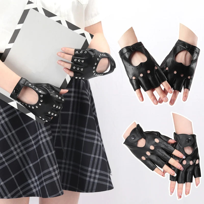 Unisex Punk Style Gloves Synthetic Leather Fingerless Gloves for Riding Driving Motorcycle Half Finger for Men Women Mittens Qme