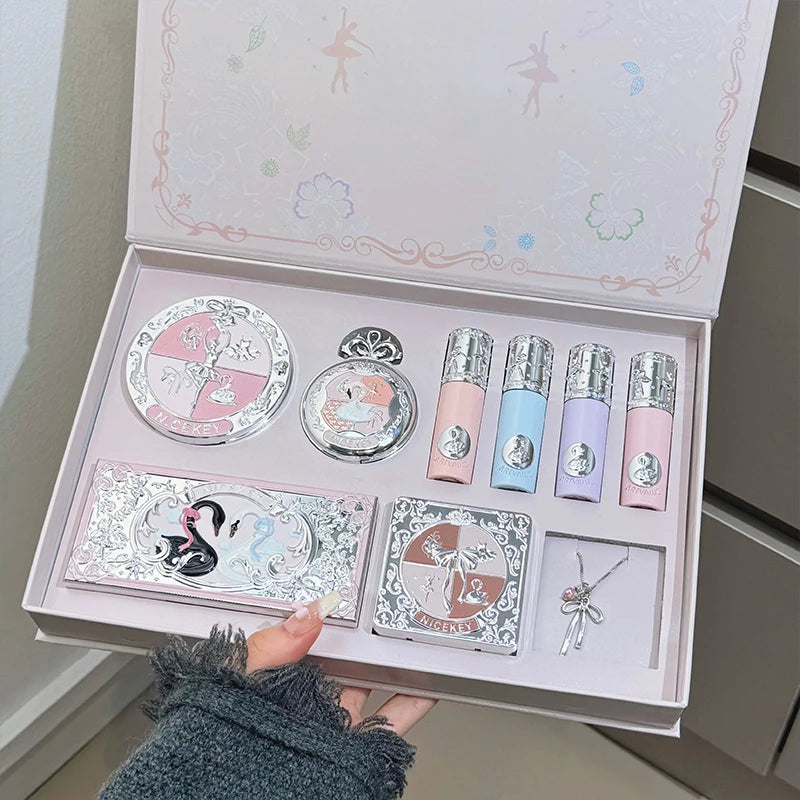NICEKEY Pink Ballet Makeup Sets Include 4 Lip Mud,1 Blush,1 Pressed Powder,1 Eyes Palette,1 Contour Palette With Necklace Gift Qme Makeup Kits
