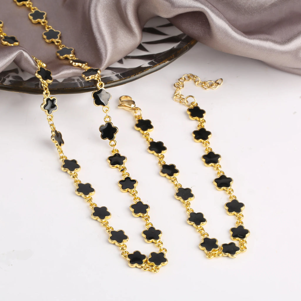 Classic 7 Color Copper Drip Oil Five-Leaf Flower Bracelet Necklace Pentagram Jewelry Set For Women Wedding Party Daily Wear Qme