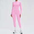 A Naked zipper short sleeved yoga suit jumpsuit, quick drying breathable outdoor sports tight fitting jumpsuit, fitness suit Qme M Peach pink