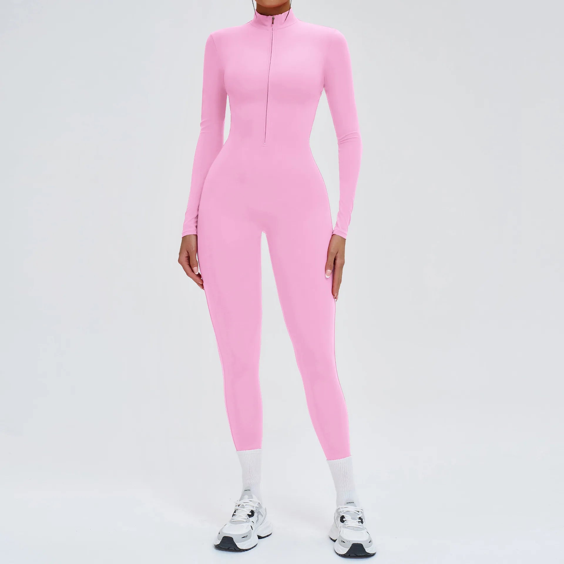 A Naked zipper short sleeved yoga suit jumpsuit, quick drying breathable outdoor sports tight fitting jumpsuit, fitness suit Qme M Peach pink