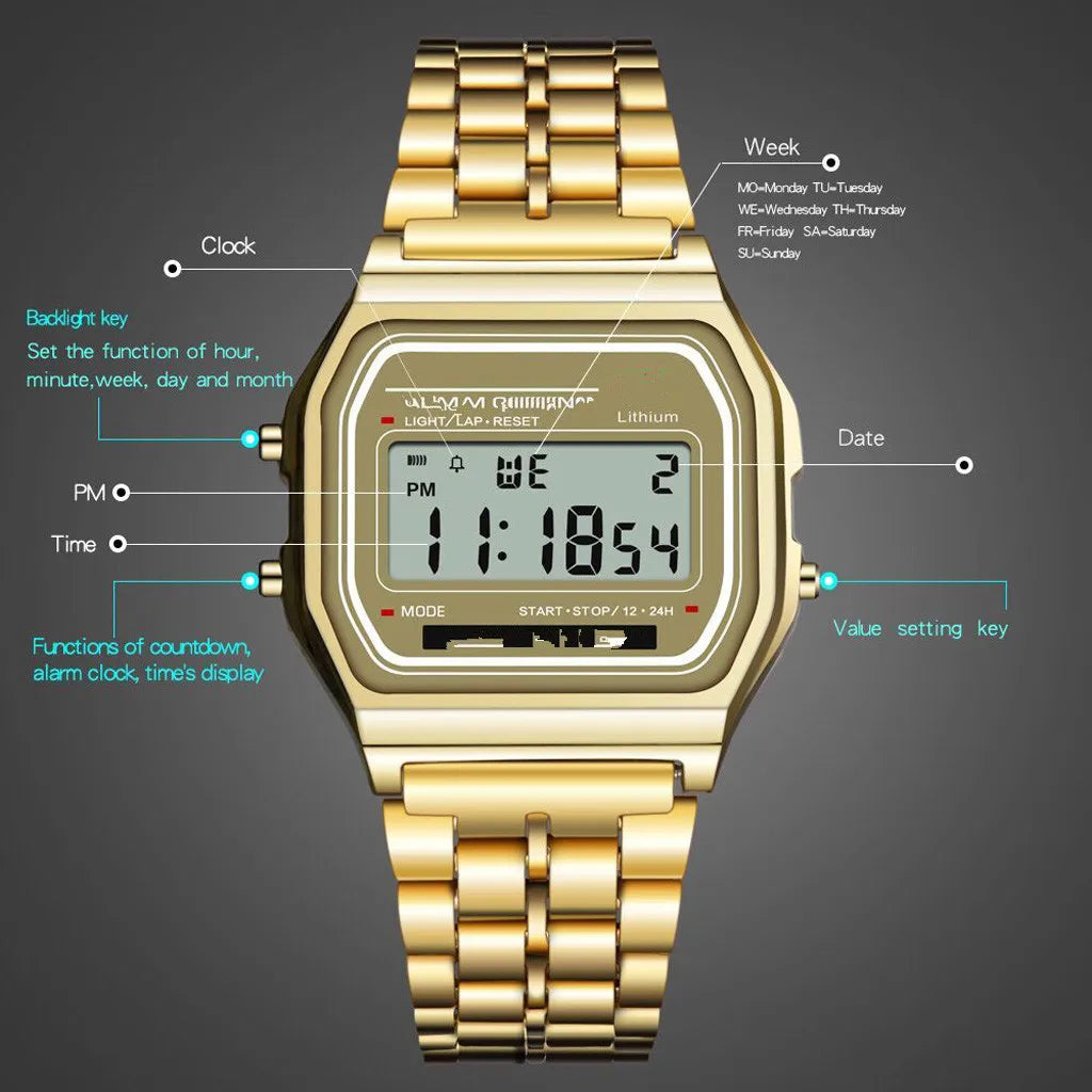 Steel strip LED electronic watch ultra-thin gold and silver cold light watch F91W steel strip original wind Fashion multifunctio Qme