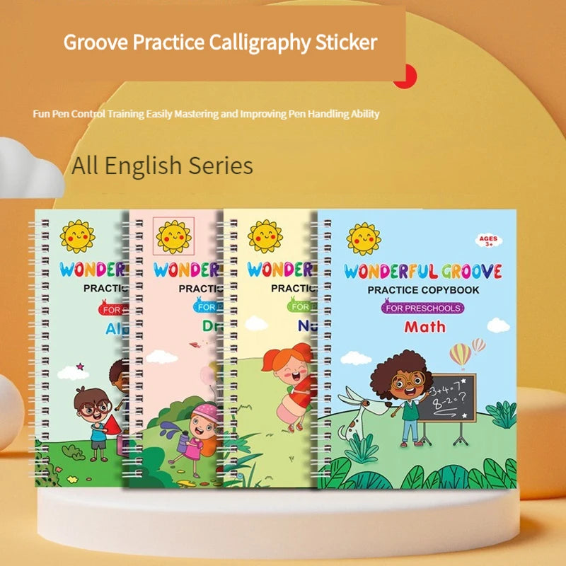 Copybook Reusable Disappearing Ink Writing Book 4-Pack Preschool Calligraphy Practice Set with Pen & Grips Free Wiping Qme