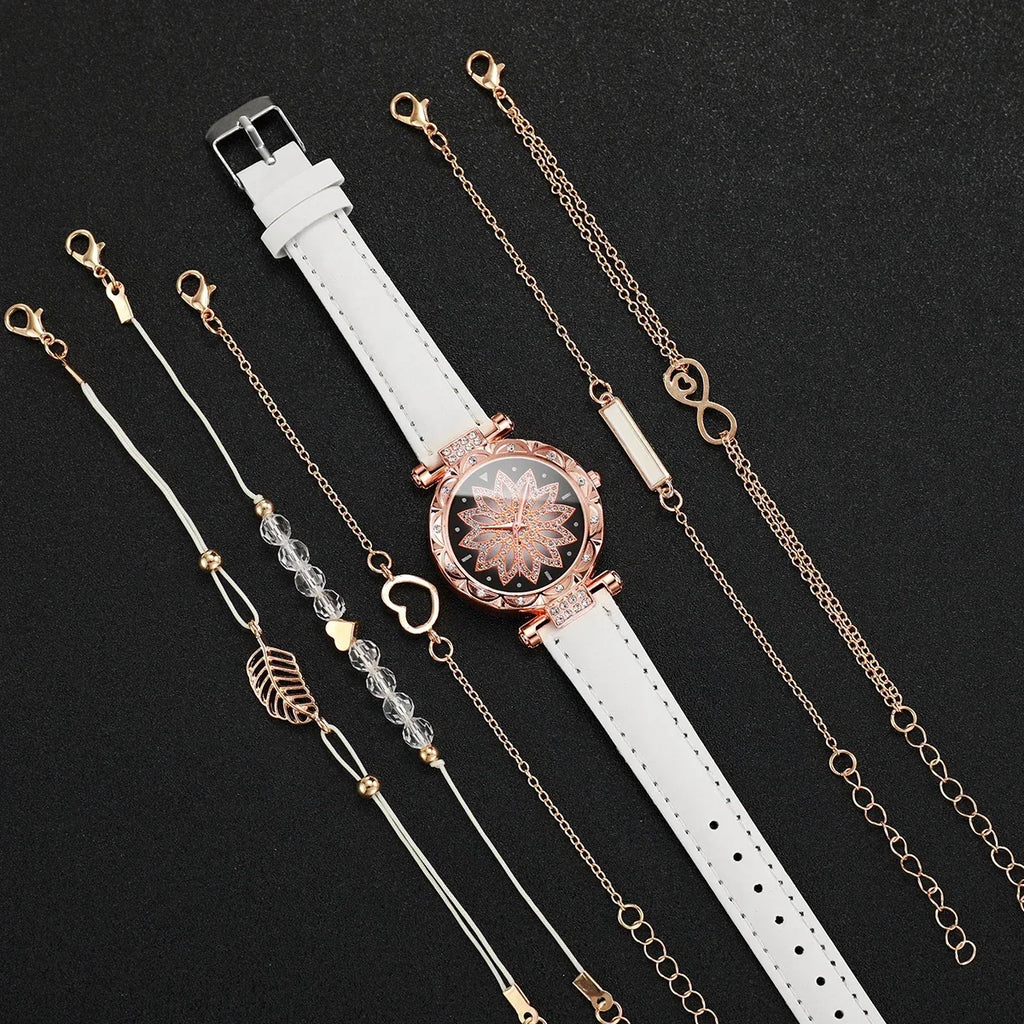 6PCS Bracelet Women's Watch Set Women's PU Leather Strap Quartz Watch Bracelet Set Qme