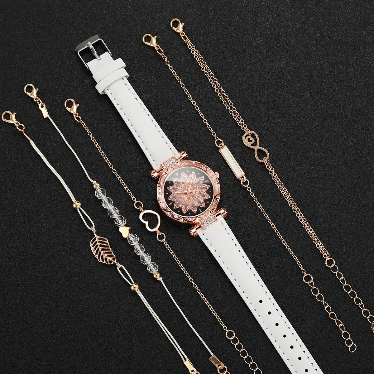 6PCS Bracelet Women's Watch Set Women's PU Leather Strap Quartz Watch Bracelet Set Qme