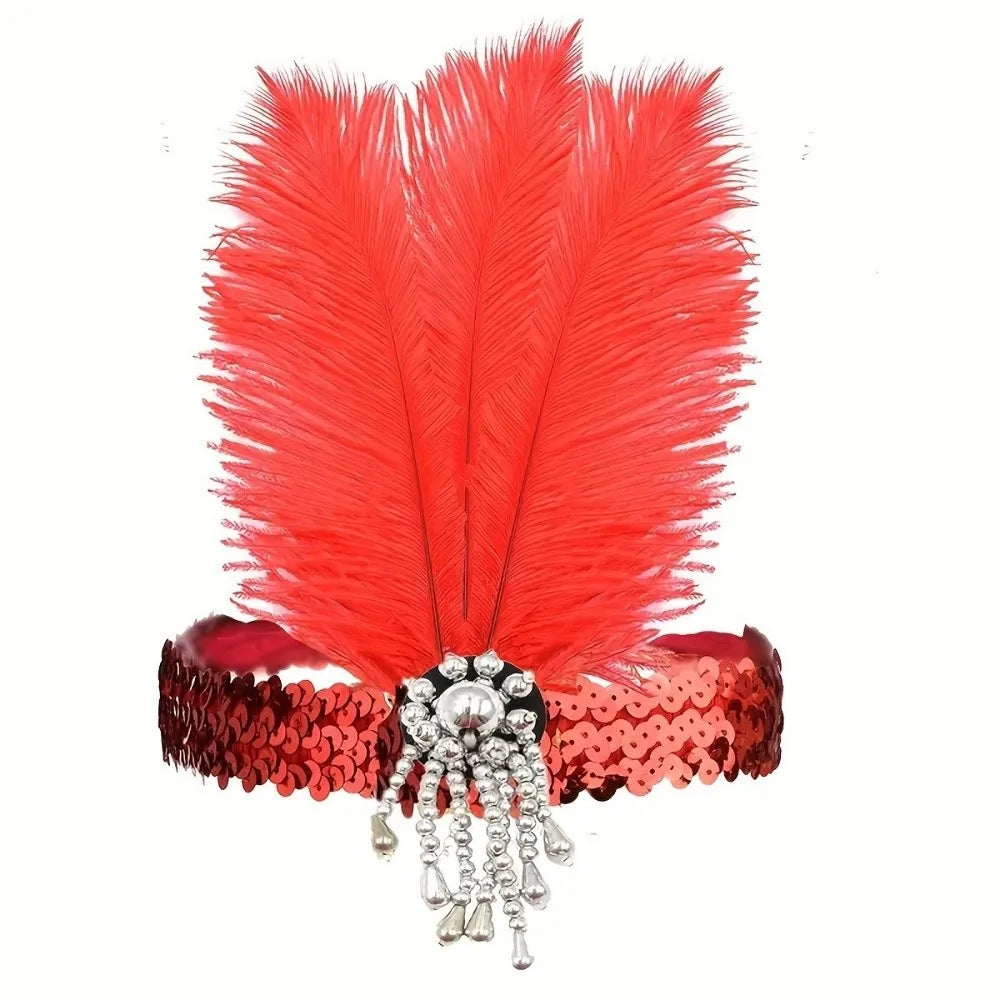 Exquisite Retro Women's Feather Headband Sequin 1920s Girls Hair Hoop Qme Red