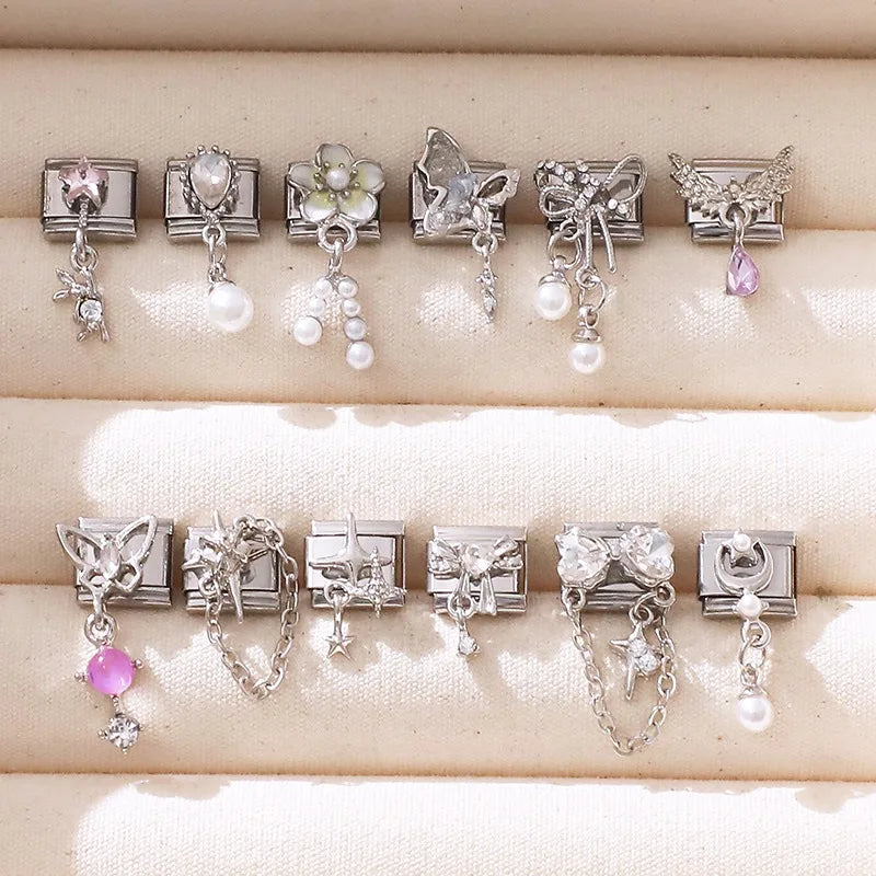 Y2k Italian Charm Silver Color Bracelet Series Blue Stars Zircon Bowknot Pearl Heart Hand Making DIY Chain Shiny Pendant Jewelry Qme