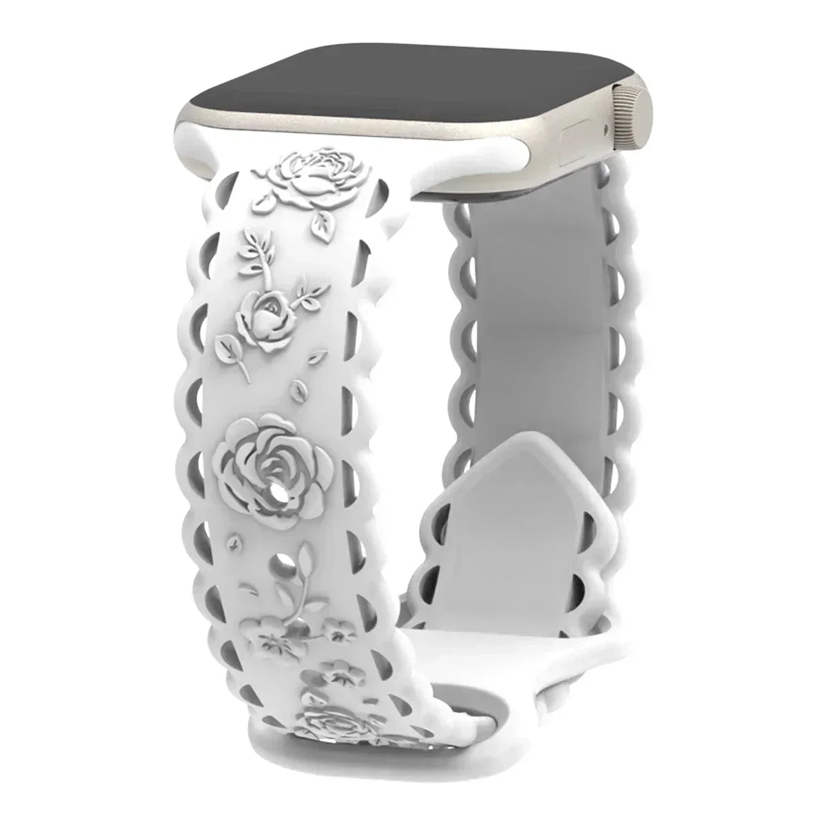 Engraved Floral Strap for Apple Watch Ultra2 49mm 45 44 42 41 40mm 38mm Silicone Band for IWatch Series 9/8/7/6/5/4/3/2/SE Ultra Qme White 02 42mm 44mm 45mm 49mm