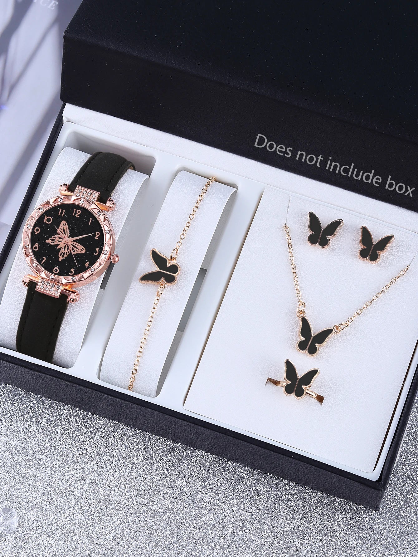 Casual fashion big black butterfly ladies quartz watch and alloy butterfly set every day dress gift Qme black No