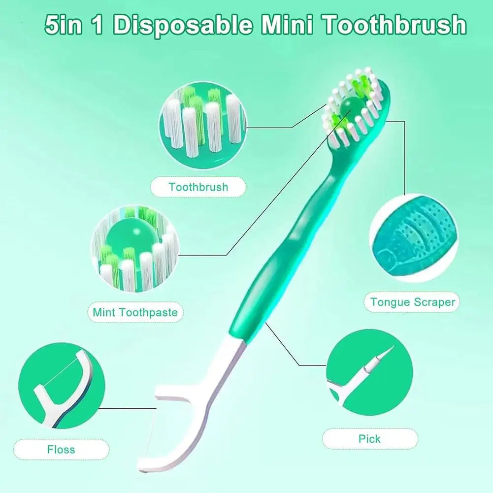 5-in-1 Disposable Toothbrush Toothpaste Mini Travel Soft Bristles Qme