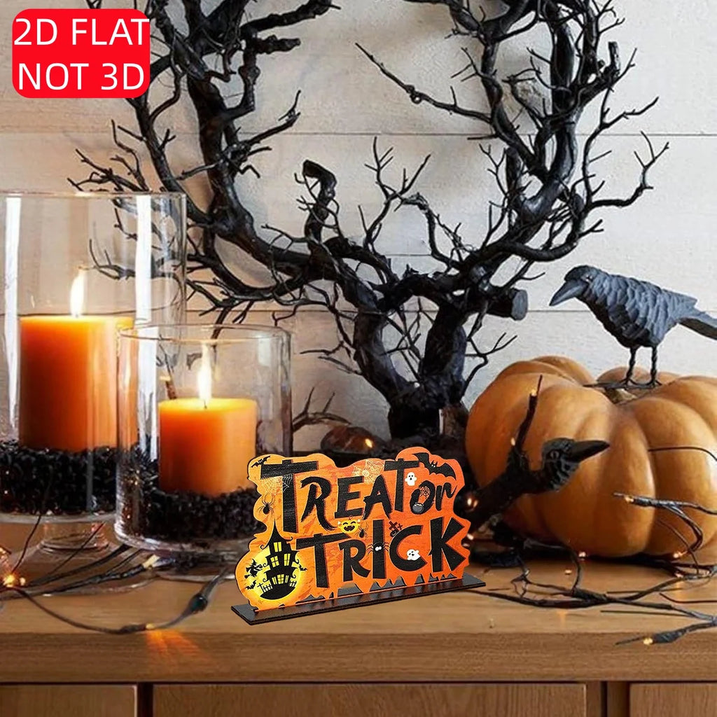 Halloween 2D flat wooden tabletop logo, "Trick or Treat" haunted house ghost bat spider and pumpkin, Halloween decoration Qme