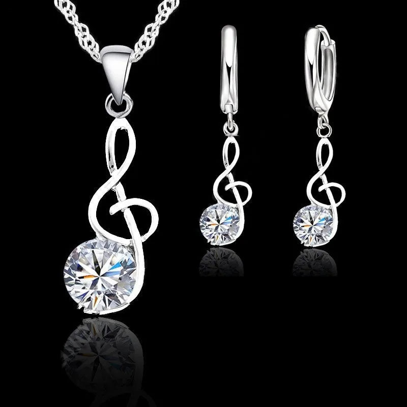 Musical Notes Woman Jewelry Sets 925 Sterling Silver Color Cubic Zirconia Symbols Shape Pendant Necklaces Earrings Women Gift Qme Default Title