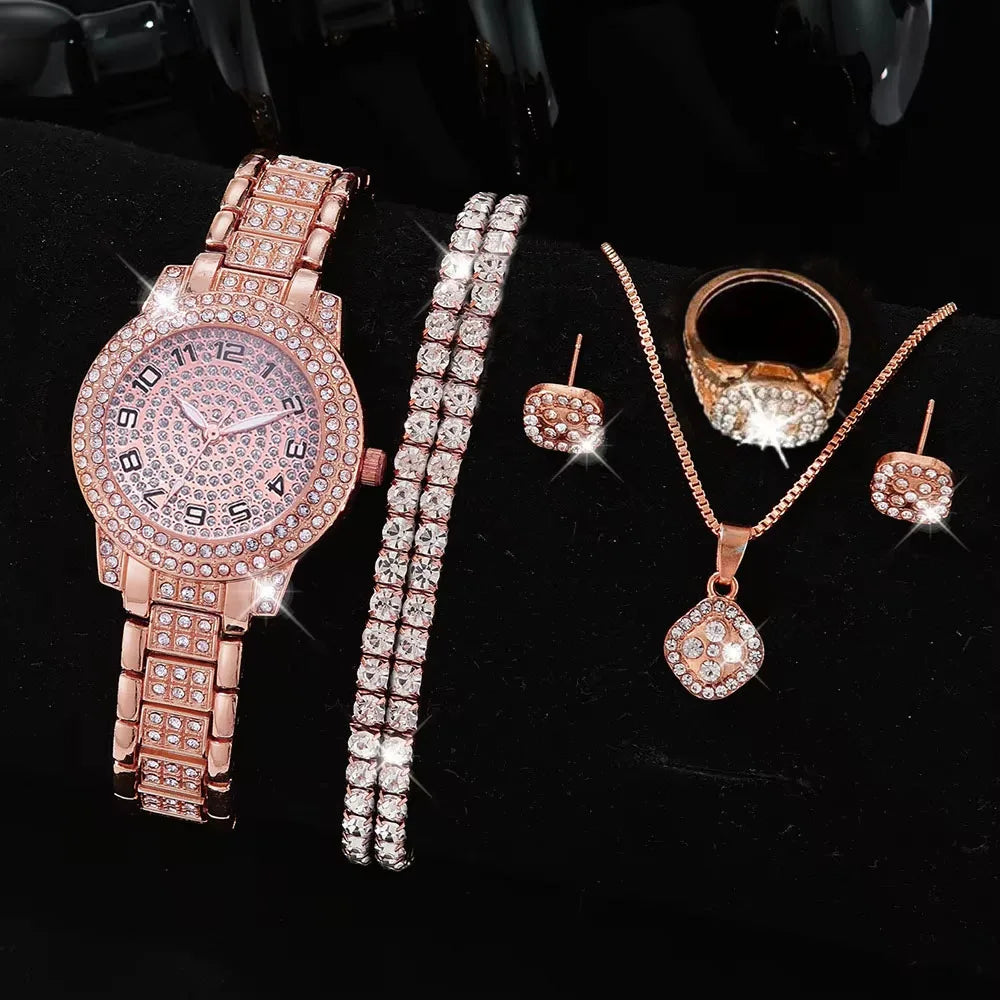 Full Diamond Roman Literal Steel Strip Watch with Starry Charm Business Quartz Watch Set Qme
