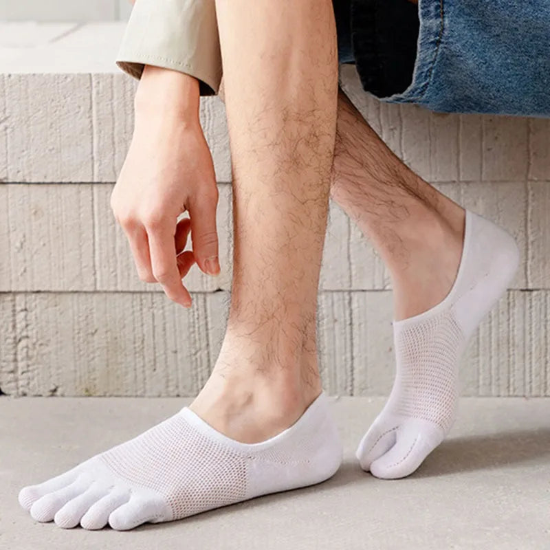 2025 Man Slipper Toe Socks Mesh Hollow No Show Ankle Short Socks Sports Sweat-Absorbing Cotton Breathable Five Finger Boat Socks Qme