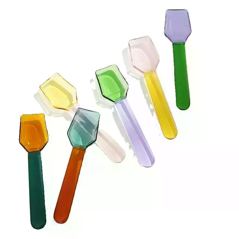 Cute Style Colorful Glass Dessert Spoon Heat Cold Resistance INS Style Ice Cream Spoon Short Handle Coffee Spoon Ice Cream Qme