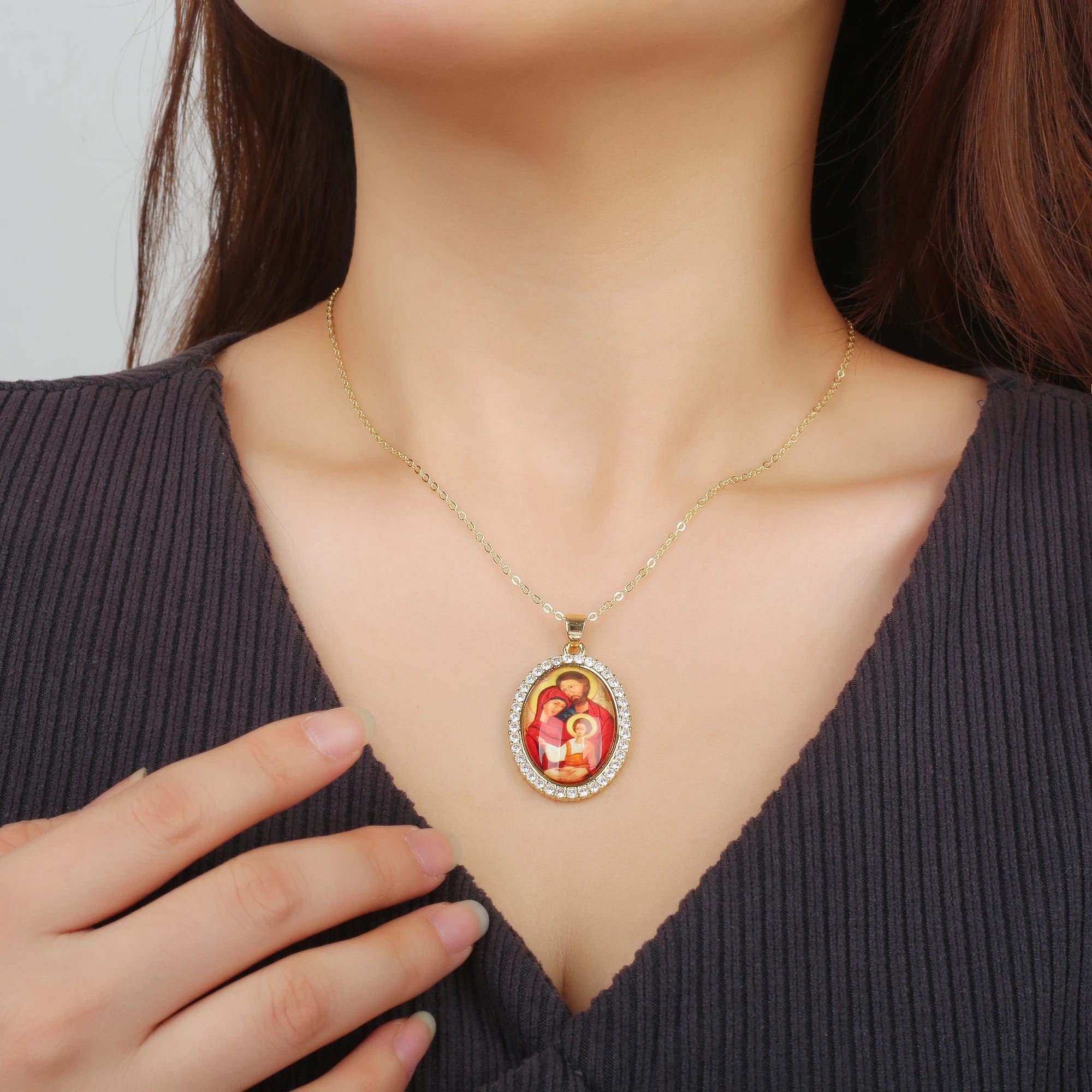 9 Style Acrylic Religious Figures Gold Plated Zirconia Pendant Necklace Classic Prayer Jewelry Anniversary Gift for Women Men9 S Qme