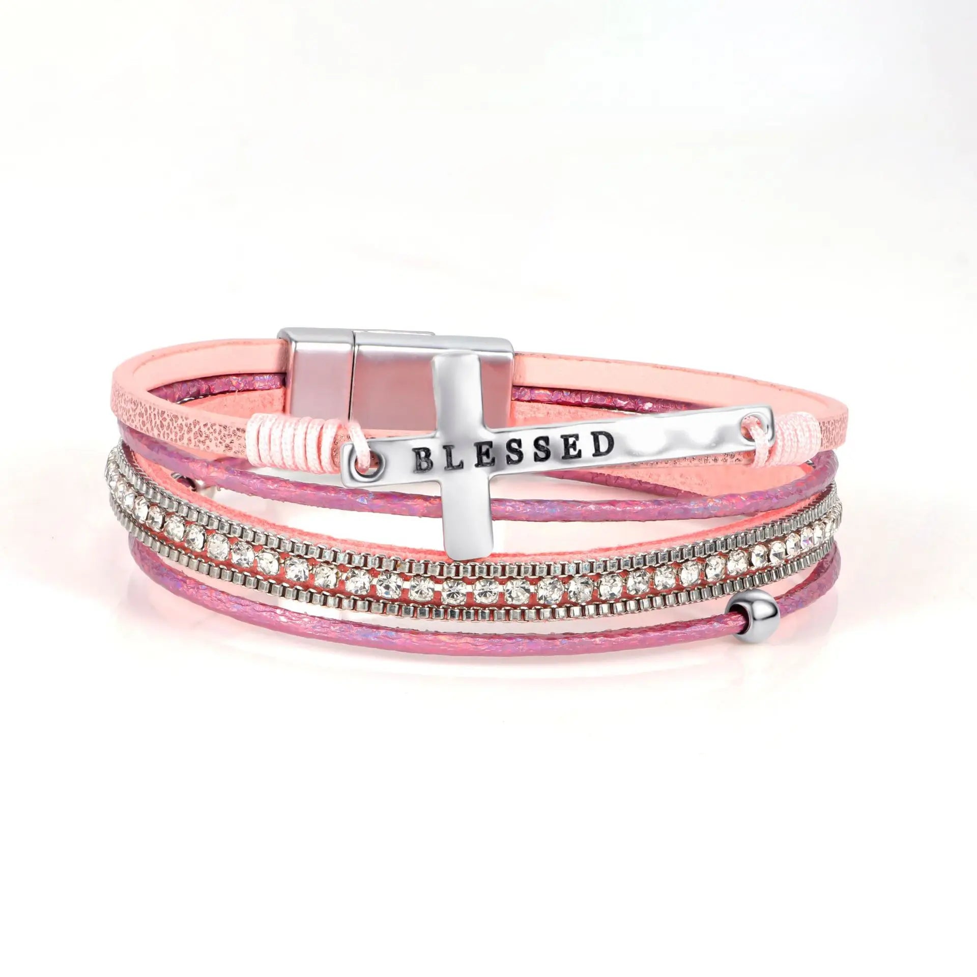 Vintage Bohemian Style Cross Multi-layer Bracelet New Punk Style Diamond Bracelet High-end Leather Bracelet for Women Qme Pink