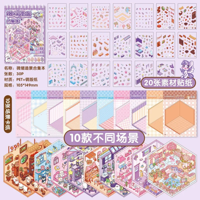 20-Sticker Cute Animal Miniature Scenery Spiral Book, 10 Different Scenes, Stress-Relief Scenery Sticker Album Qme