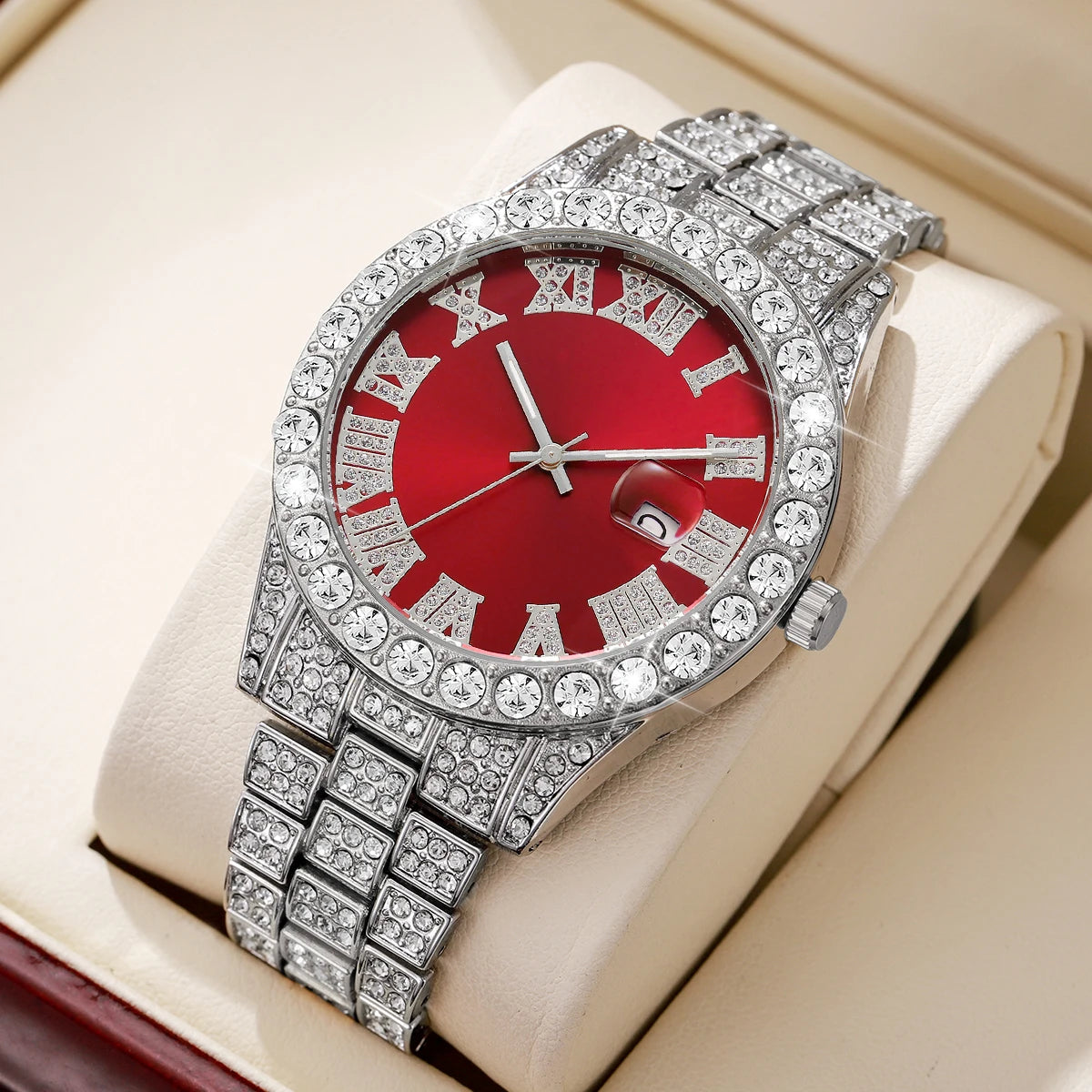 Men's Steel Band Quartz Watch Hip-Hop Business Steel Band Calendar Full Diamond Men's Watch Qme Silver Red No Box