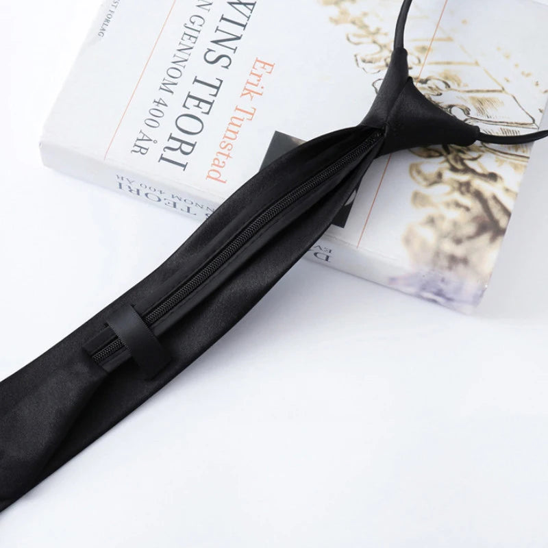Black Unisex Zipper Ties Retro Silky Narrow Neck Tie Slim Smooth Qme