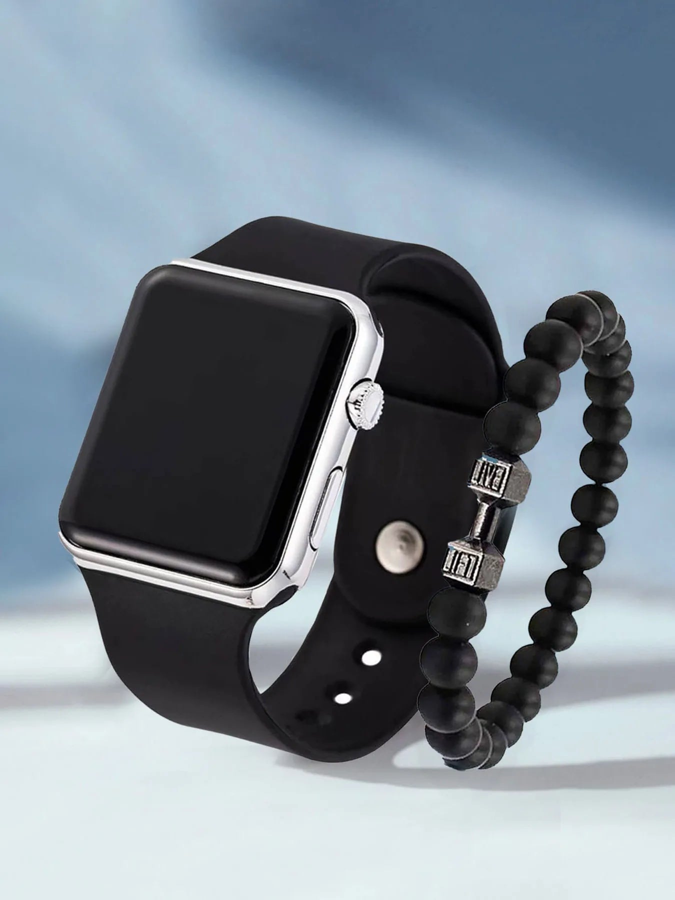2-piece unisex fashionable, trendy, casual, personalized square LED electronic watch set Qme dumbbell No
