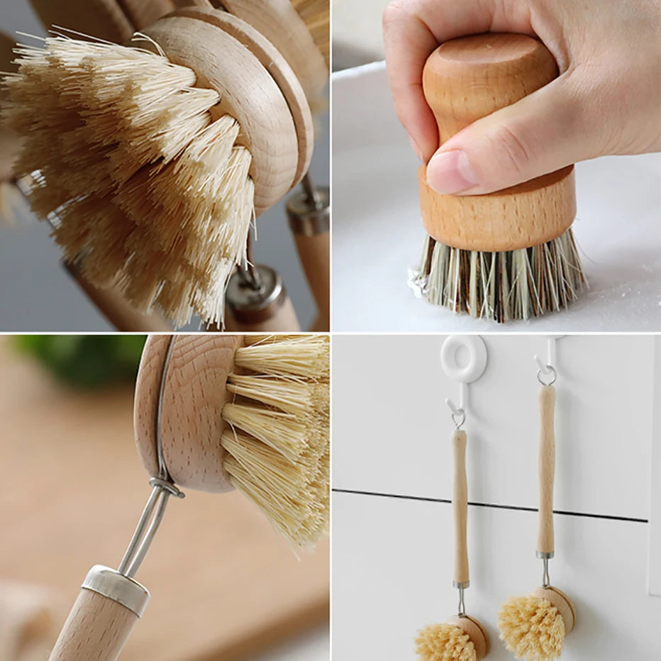 Bamboo Kitchen Cleaning Brush Natural Dishes Pots Pans Sink Washing Brush Eco-friendly Clean Scrubber with Draining Storage Tray Qme