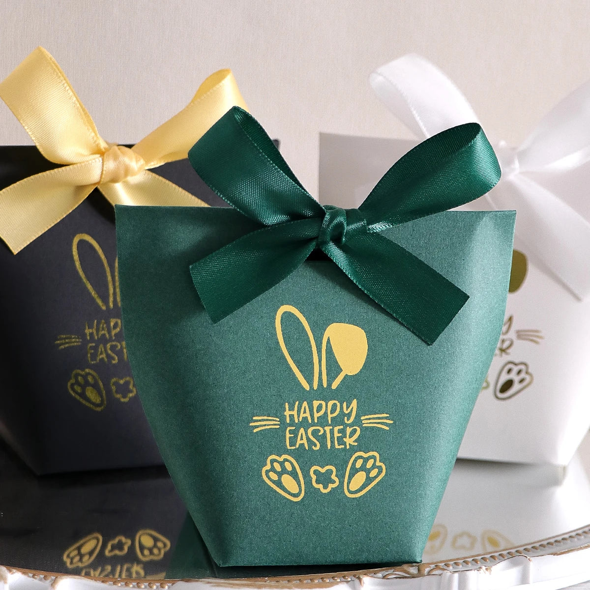 5Pcs Happy Easter Mini Gift Boxes with Bunny and Paw Print Design, Green Packaging with Gold Foil'Happy Easter' Message, Satin Qme