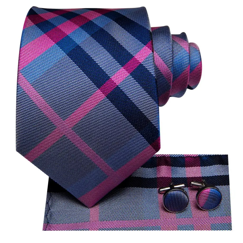Mens Necktie Luxury Wide Blue Purple Plaid Silk Wedding Tie Pocket Qme