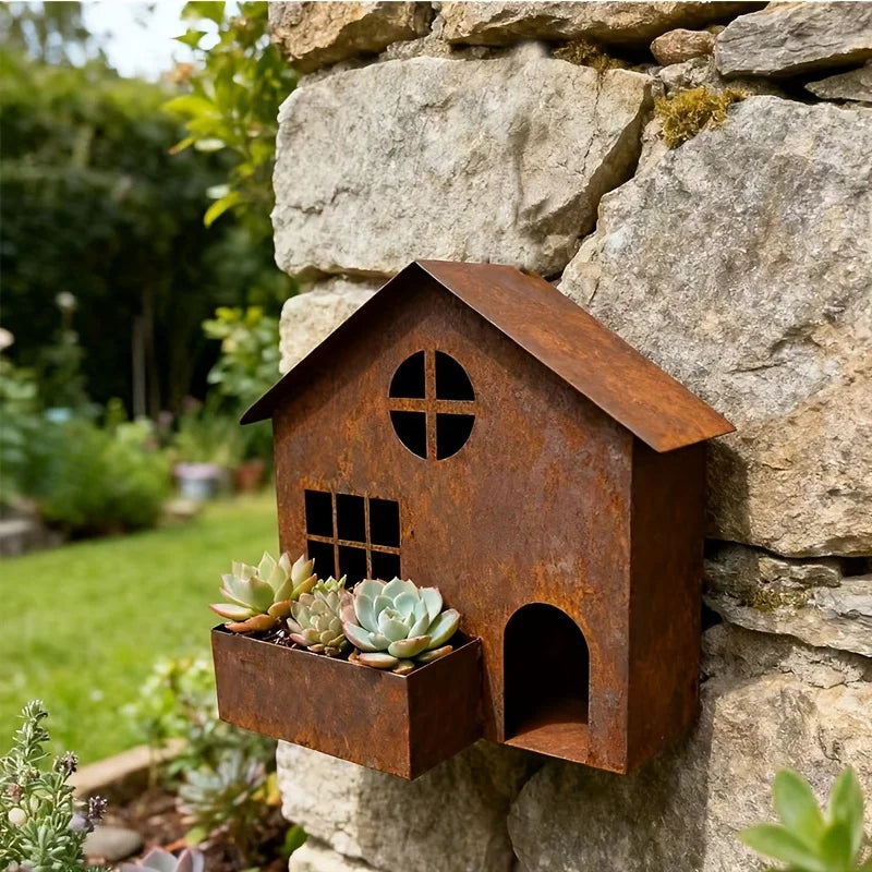 Rustic Metal House Planter Pot for Succulent Vintage Farmhouse Garden Decor Flower Decor Outdoor Patio Porch Yard Art Qme