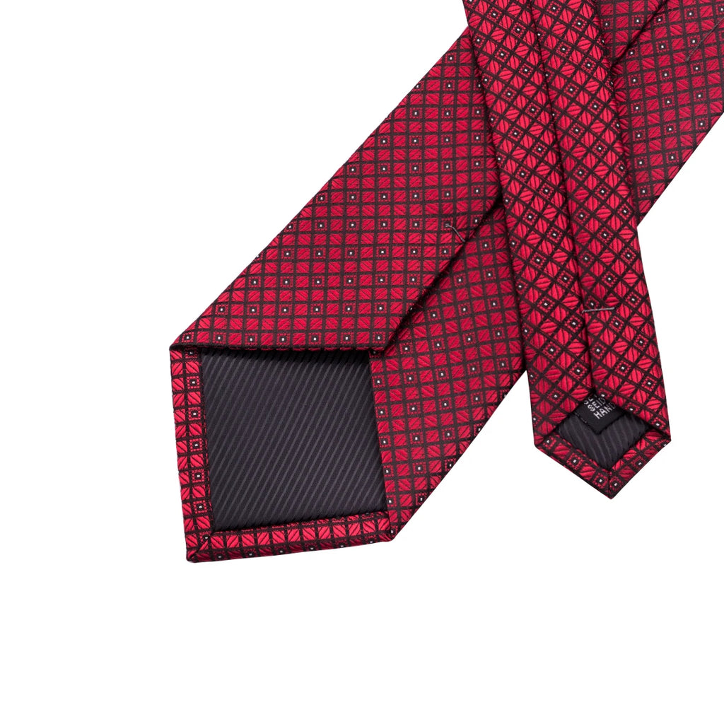 Hi-tie Designer Red Burgundy Plaid Wedding Tie Men Handky Cufflink Qme