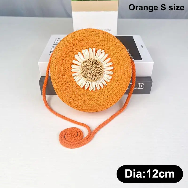 Floral Circle Straw Crossbody Bag: Vintage Mini Shoulder Purse with Graphic Decor for Women's Summer Beach & Casual Outings Qme Orange S