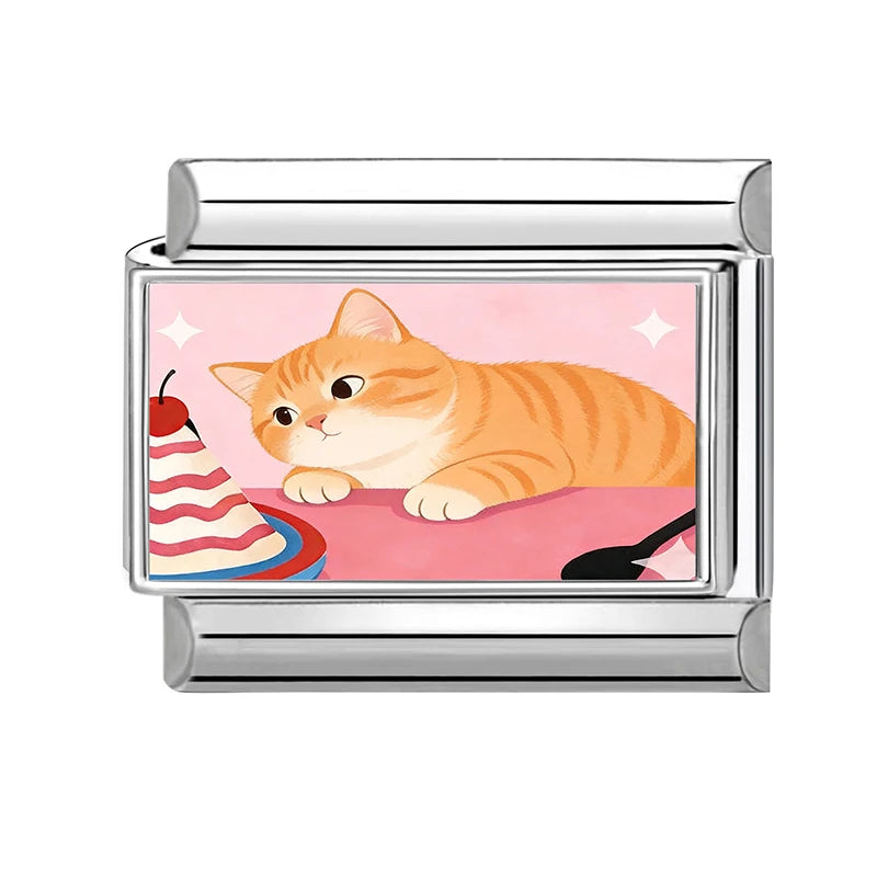 Charm Links Bracelet Stainless Steel Y2K Kawai Cute Cats Listen Music