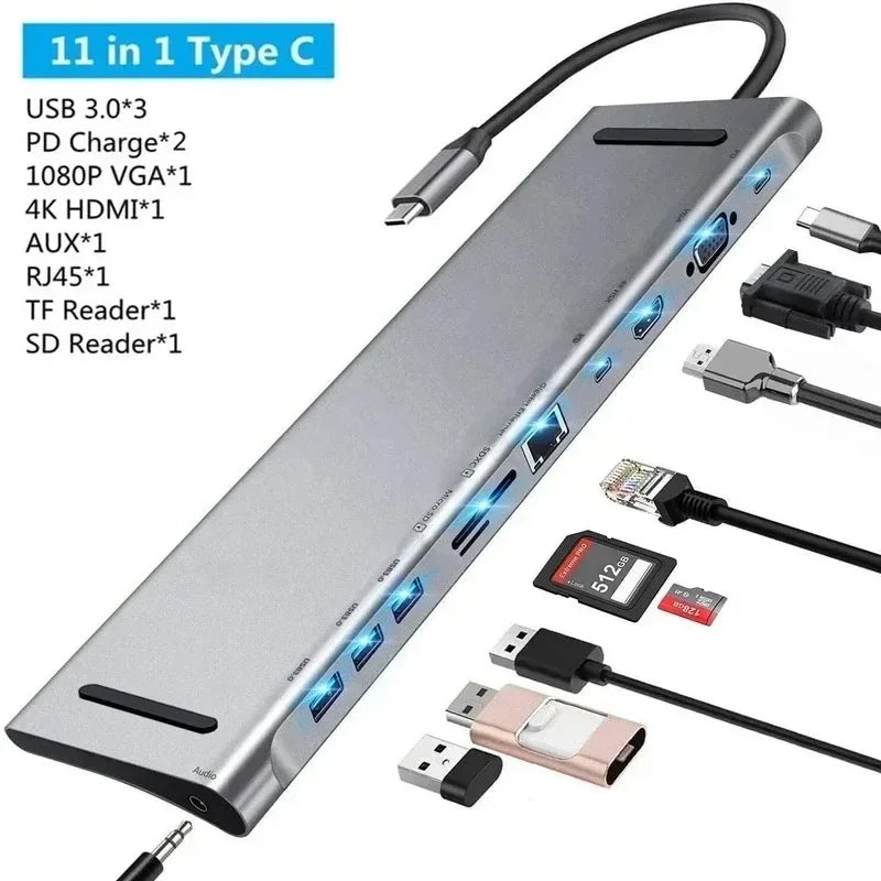 11 In 1 USB C HUB Type C Docking Station Ethernet Network USB 3.0 Adapter Cables PD 100W Splitter Qme