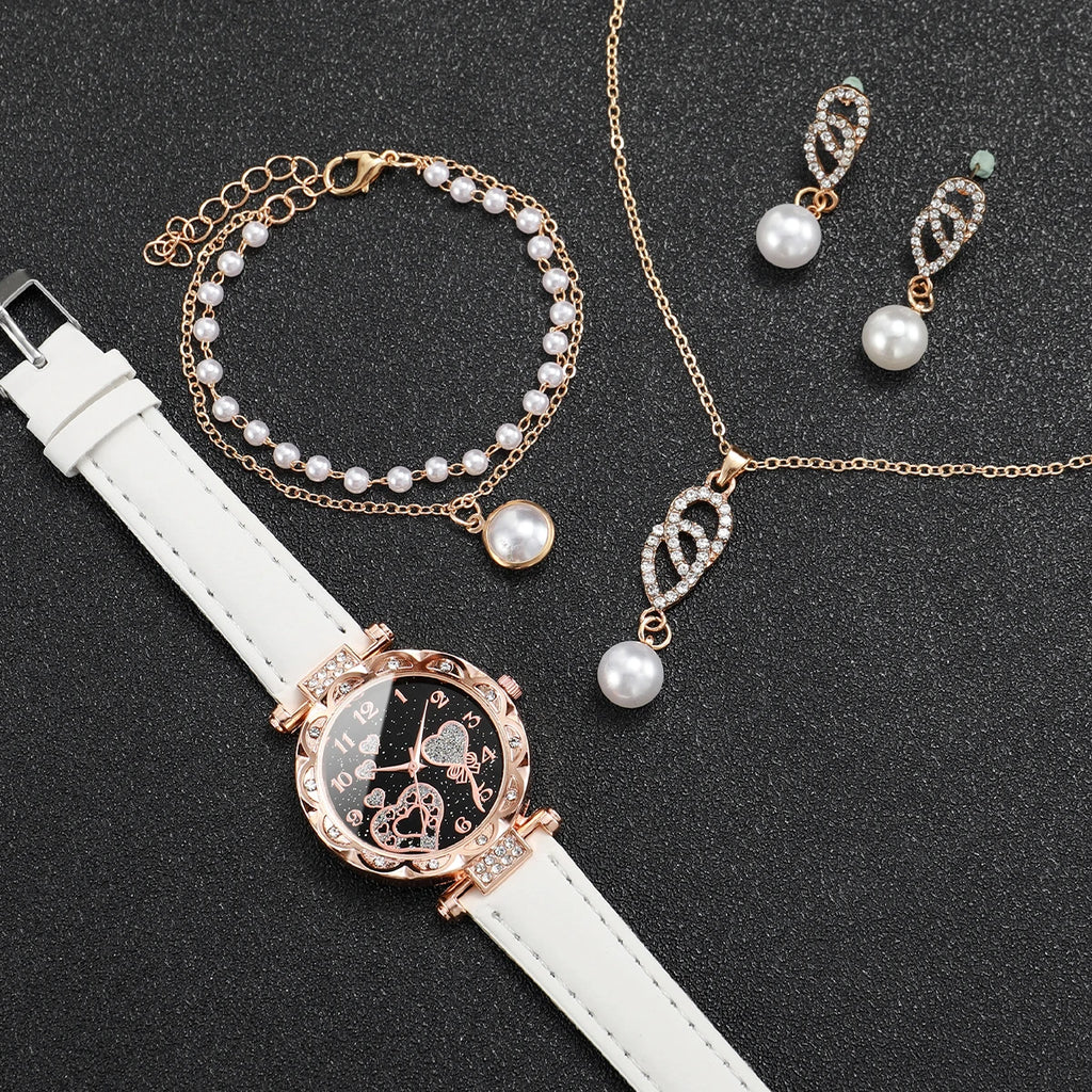 5 Pcs/Set Women's Bright Rhinestone Analog Quartz Watch Plutonium Leather Wrist Watch & Fake Pearl Jewelry Set (Without Box) Qme