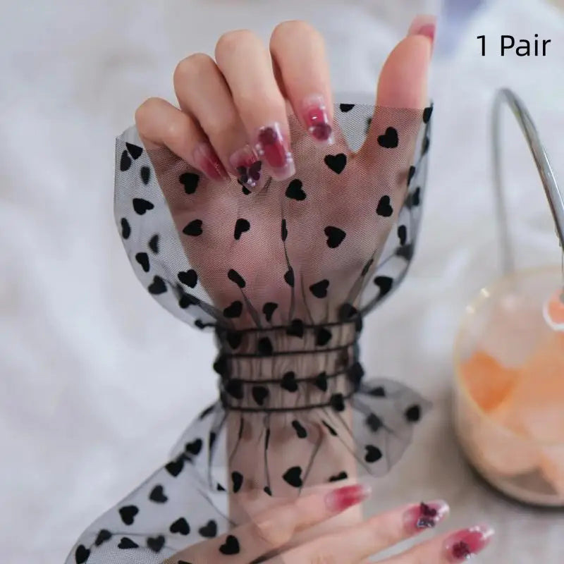 1 Pair Fashion Accessory Nail Art Heart Tulle Photo Glove Fake Qme Black