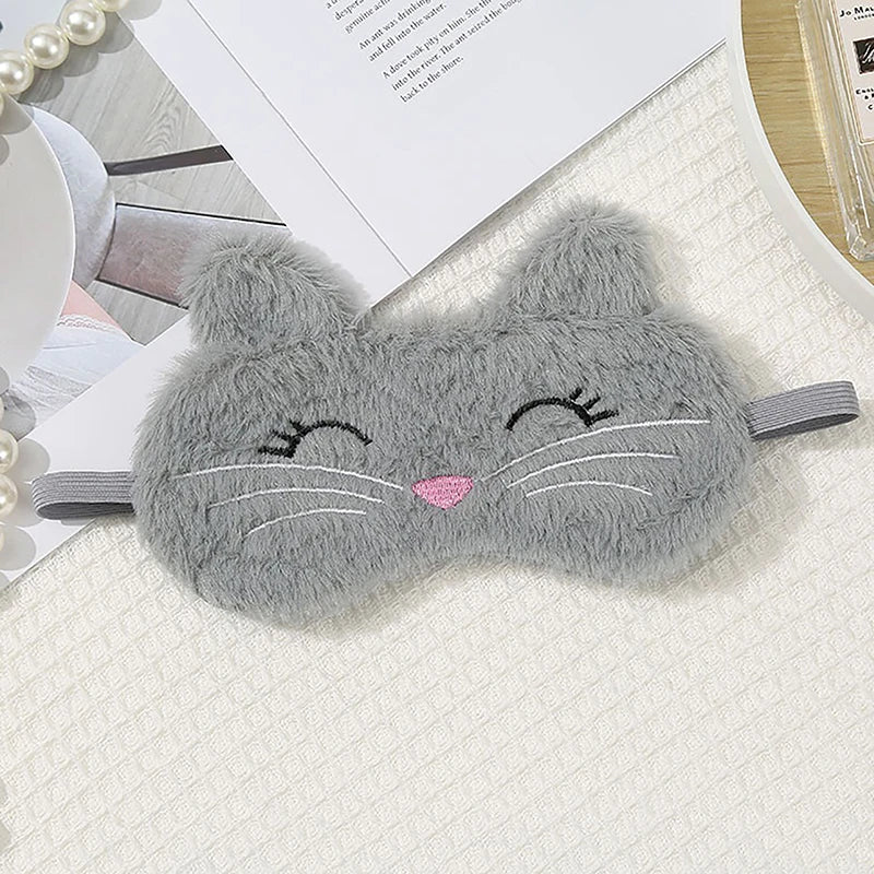 Cute Cartoon Cat Plush Sleep Mask Comfortable Eye Cover Travel Home Qme grey