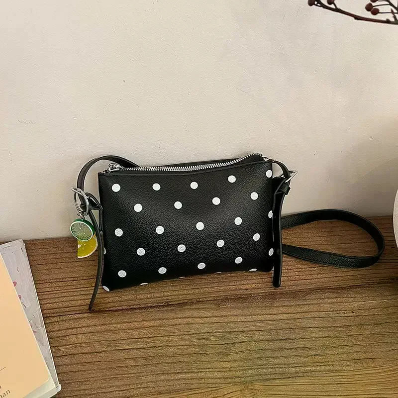 Color PU Leather Crossbody Bag Black Polka Dot Print Cute Fruit Charm For Daily Shopping Dating Casual Trips Qme