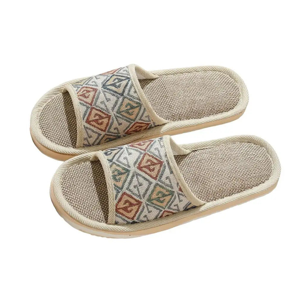 Four Season Couple's Multicolor Linen Slippers Women Indoor Striped Non-Slip Sandals Men Comfort Indoor Floor Breathable Slides Qme 37-38 B