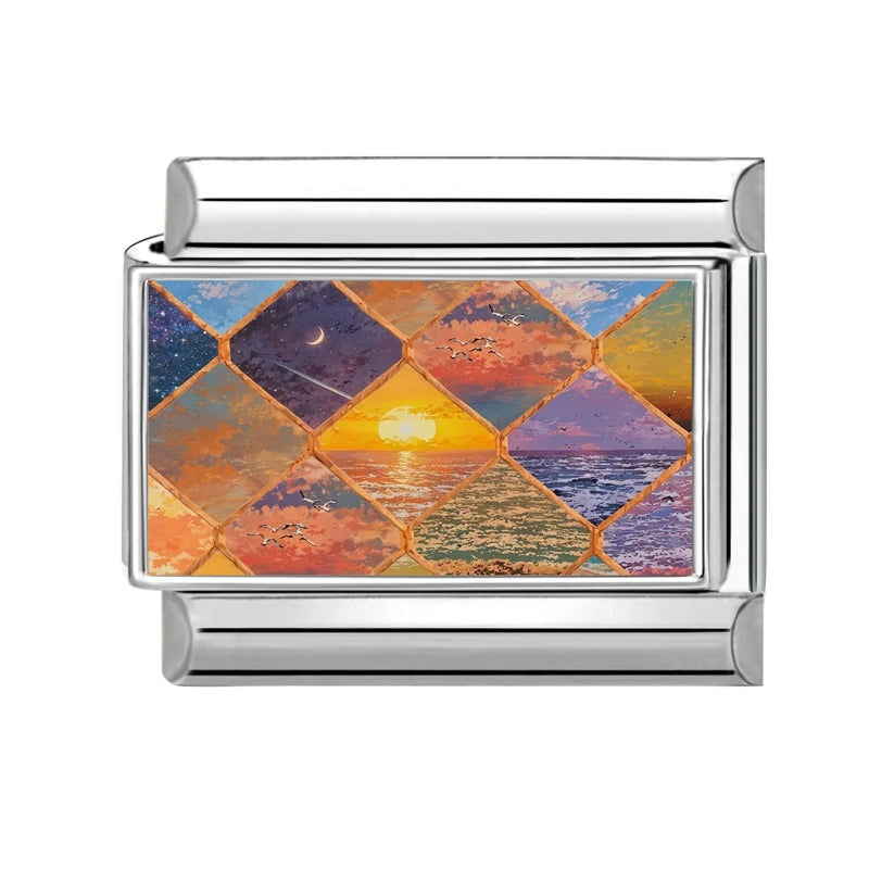 Personalized Italian Charm Bracelet Charm Bead Sunrise Sunset Seaside Stainless Steel 9mm Bracelet DIY Bead Fashion Jewelry Gift Qme Style 4