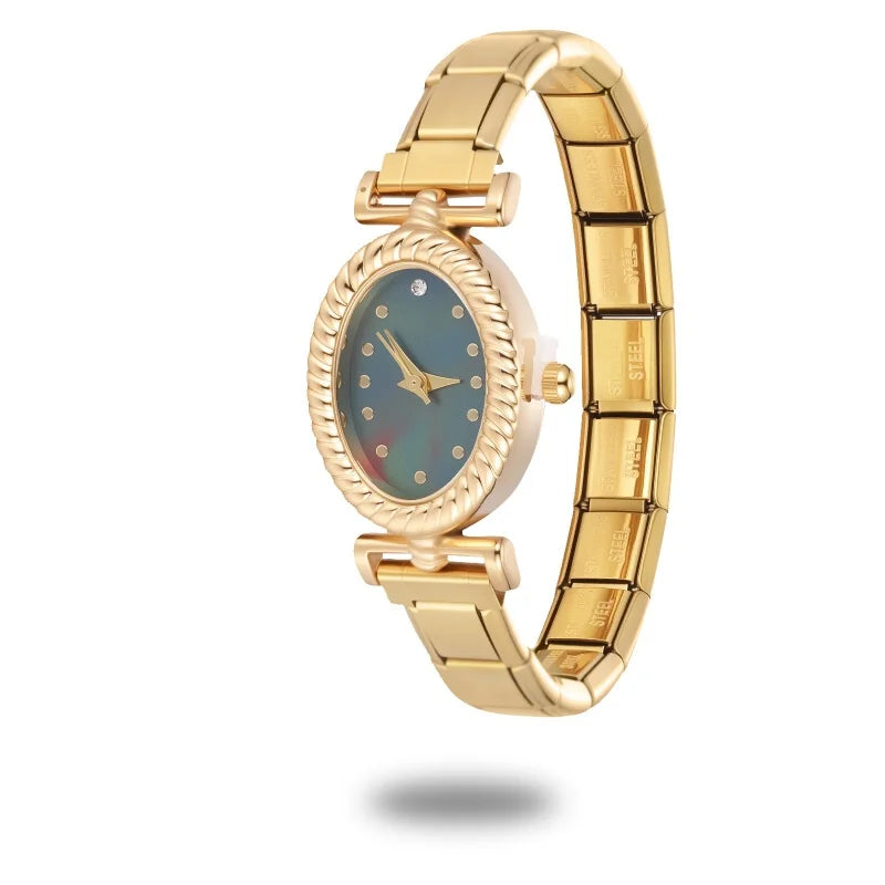 2025New Vintage High Quality Oval Inlaid Zircon Stainless Steel Watch Bracelet Women's 9MM DIY Italian Charm Bangle Jewelry Gift Qme Style 14