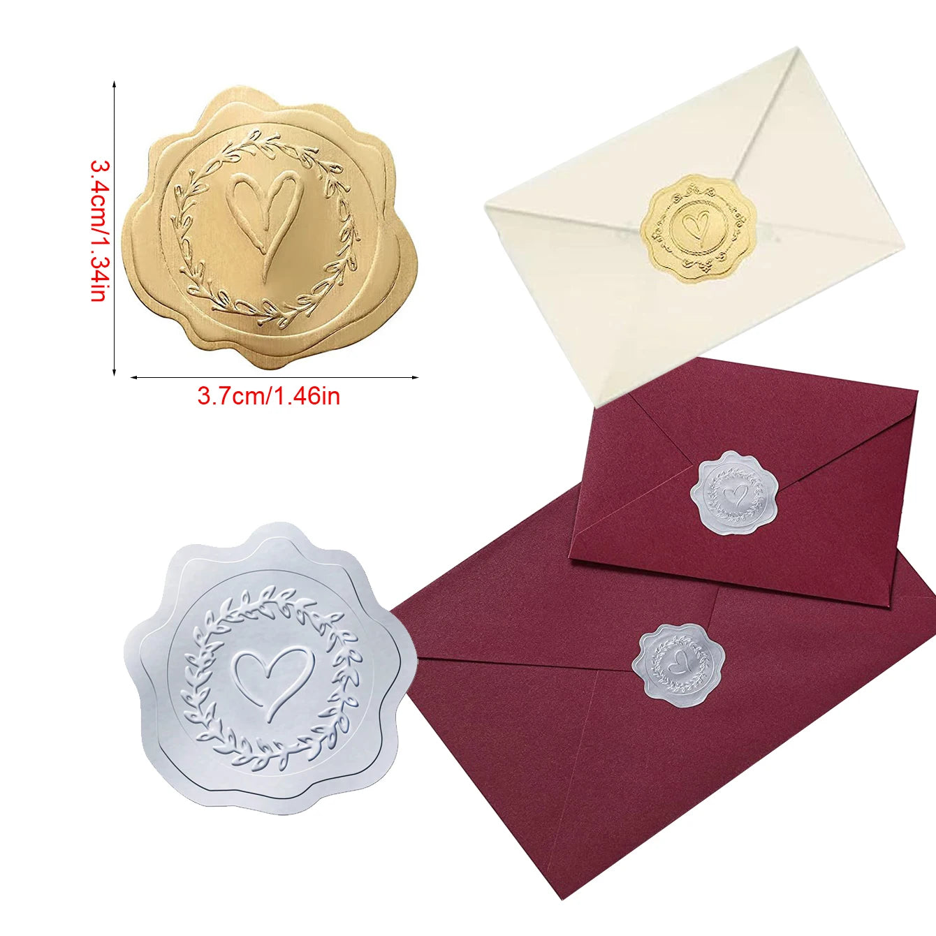 100pcs Gold Envelope Stickers Embossed Heart Seal Stickers for Postcards Invitations Card Gifts Decoration Self Adhesive Sticker Qme