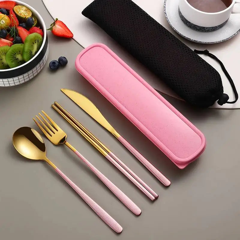 Stainless Steel Cutlery Set With Storage Box 4 Counts Portable Tableware Set For Home Kitchen Dining Room Household Tableware Qme