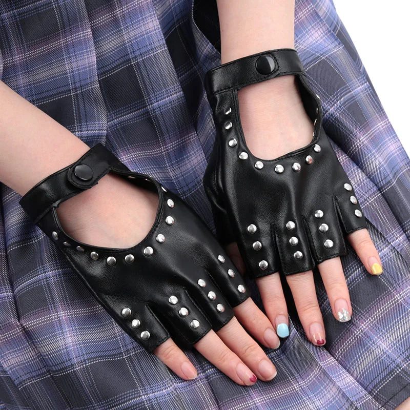 Black Gothic Rivets Fingerless Gloves Semi-fingers Breathable Driving Qme women