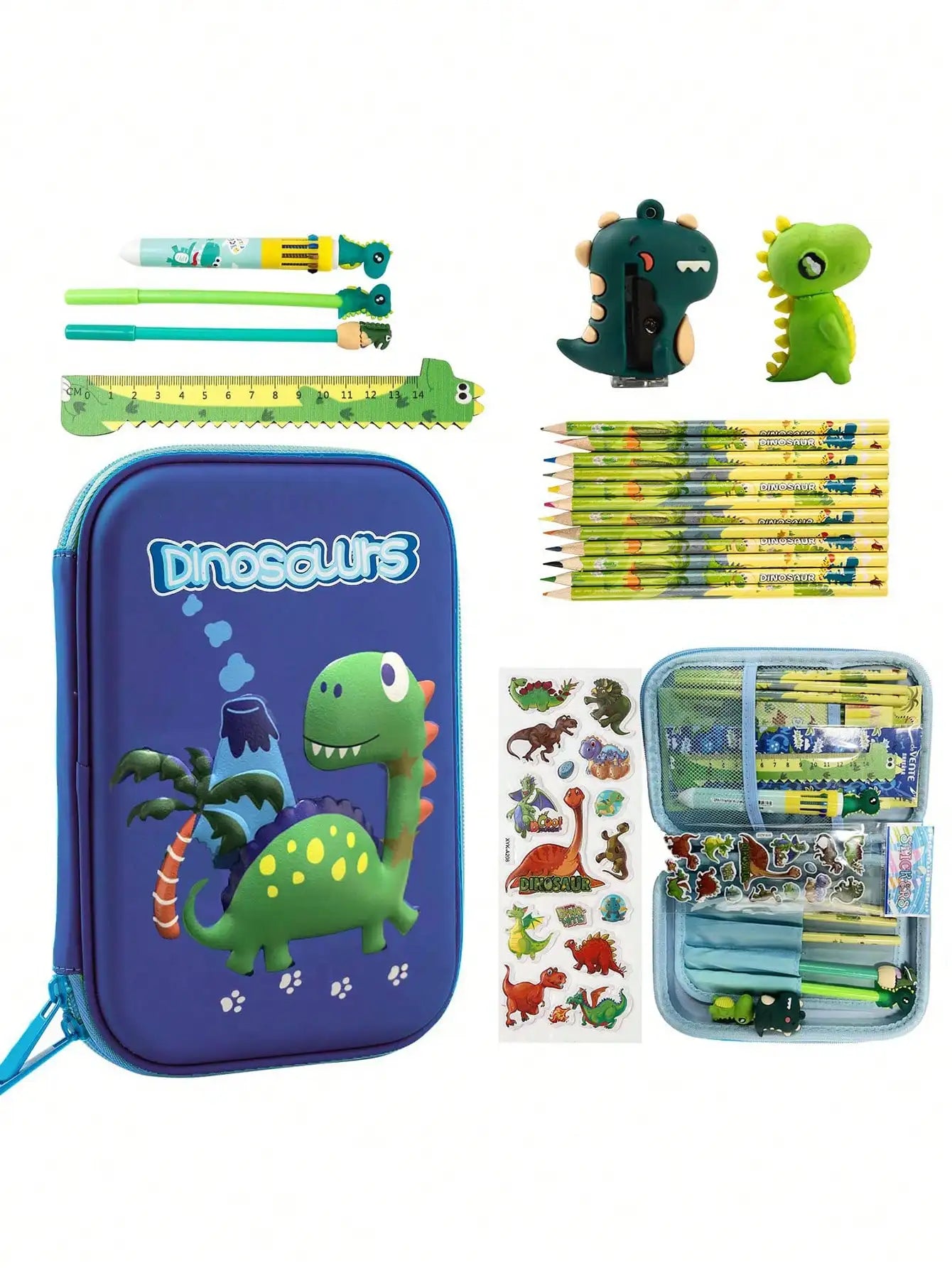 26Pcs 3D EVA Pencil Case Unicorn Dinosaur Stationery Set Pencil Pouch with Pencils Eraser Sharpener Stickers School Supplies Qme 26 pcs Dinosaur