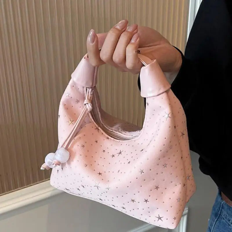 Sweet Sparkling Stars Shoulder Bag Nylon Texture Pearl Pendant Crossbody Bag Small Bucket Handbag Women Girl Qme A3