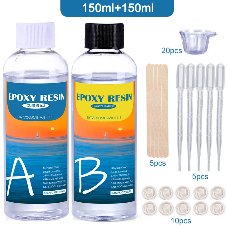Epoxy Resin Crystal Clear Kit Easy Mix 1:1 Coating and Casting Resin for Table Top, Molds, Tumbler Crafts, Painting, Jewelry DIY Qme 150ml 150ml kit