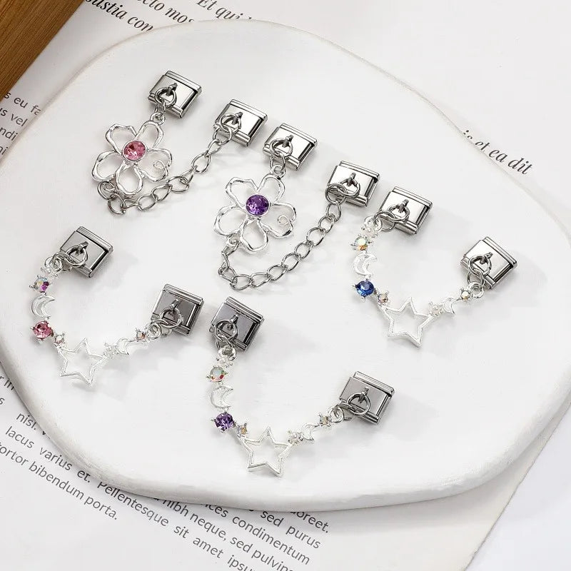 New 9MM Italian Charm Module Inlaid Crystal Zircon Tassel Chain Buckle Bead Female DIY Elastic Bracelet Jewelry Accessories Gift Qme